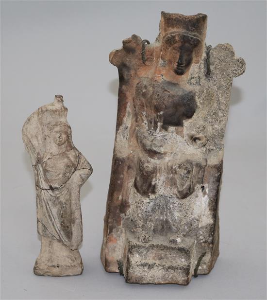 A Greek terracotta seated figure of a deity, probably Hera and another standing figure of a lady, c.4th century BC, 22.5cm and 16cm, fa